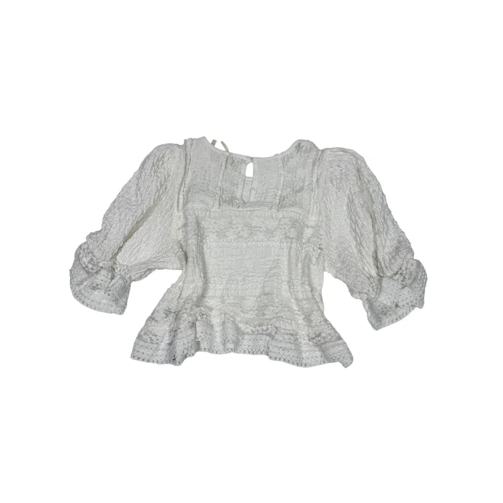 Anthropologie White Lace Puff Sleeve Smocked Ruffle Blouse Top XS
